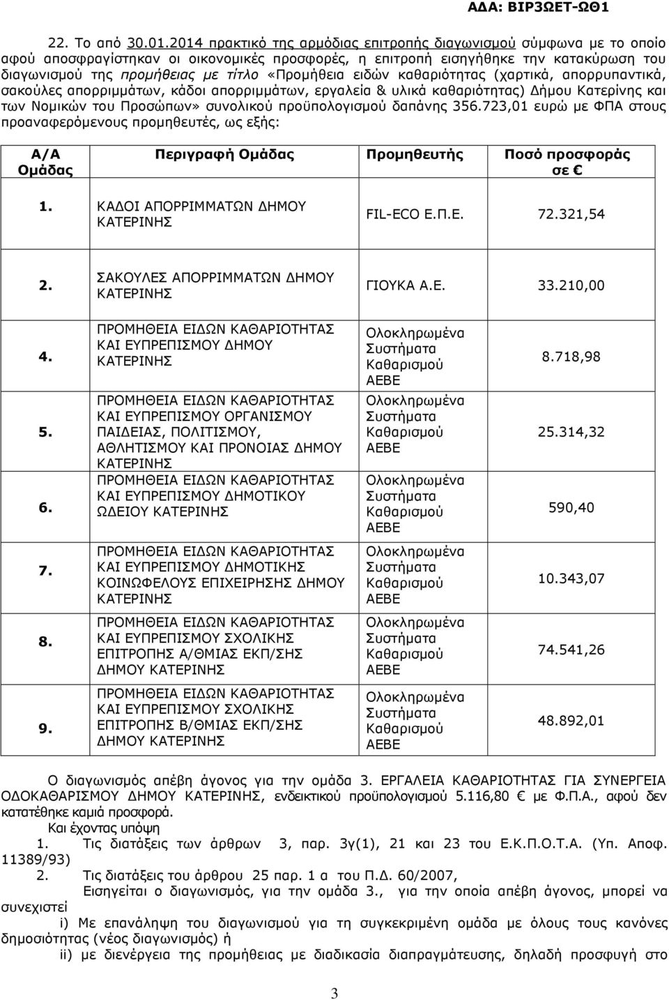 «Προµήθεια ειδών καθαριότητας (χαρτικά, απορρυπαντικά, σακούλες απορριµµάτων, κάδοι απορριµµάτων, εργαλεία & υλικά καθαριότητας) ήµου Κατερίνης και των Νοµικών του Προσώπων» συνολικού προϋπολογισµού