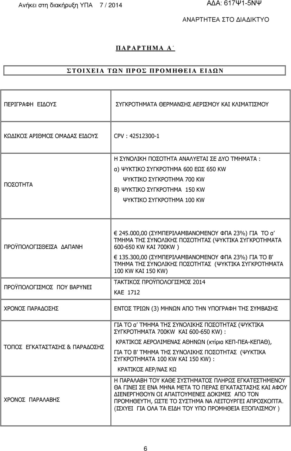 245.000,00 (ΣΥΜΠΕΡΙΛΑΜΒΑΝΟΜΕΝΟΥ ΦΠΑ 23%) ΓΙΑ ΤΟ α ΤΜΗΜΑ ΤΗΣ ΣΥΝΟΛΙΚΗΣ ΠΟΣΟΤΗΤΑΣ (ΨΥΚΤΙΚΑ ΣΥΓΚΡΟΤΗΜΑΤΑ 600-650 KW ΚΑΙ 700KW ) 135.