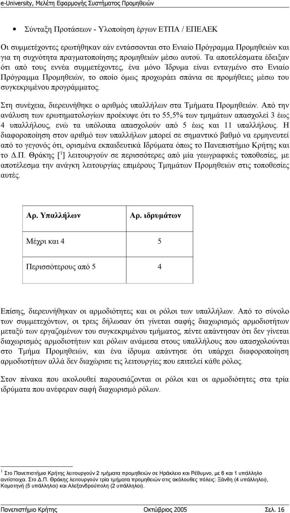 προγράμματος. Στη συνέχεια, διερευνήθηκε ο αριθμός υπαλλήλων στα Τμήματα Προμηθειών.