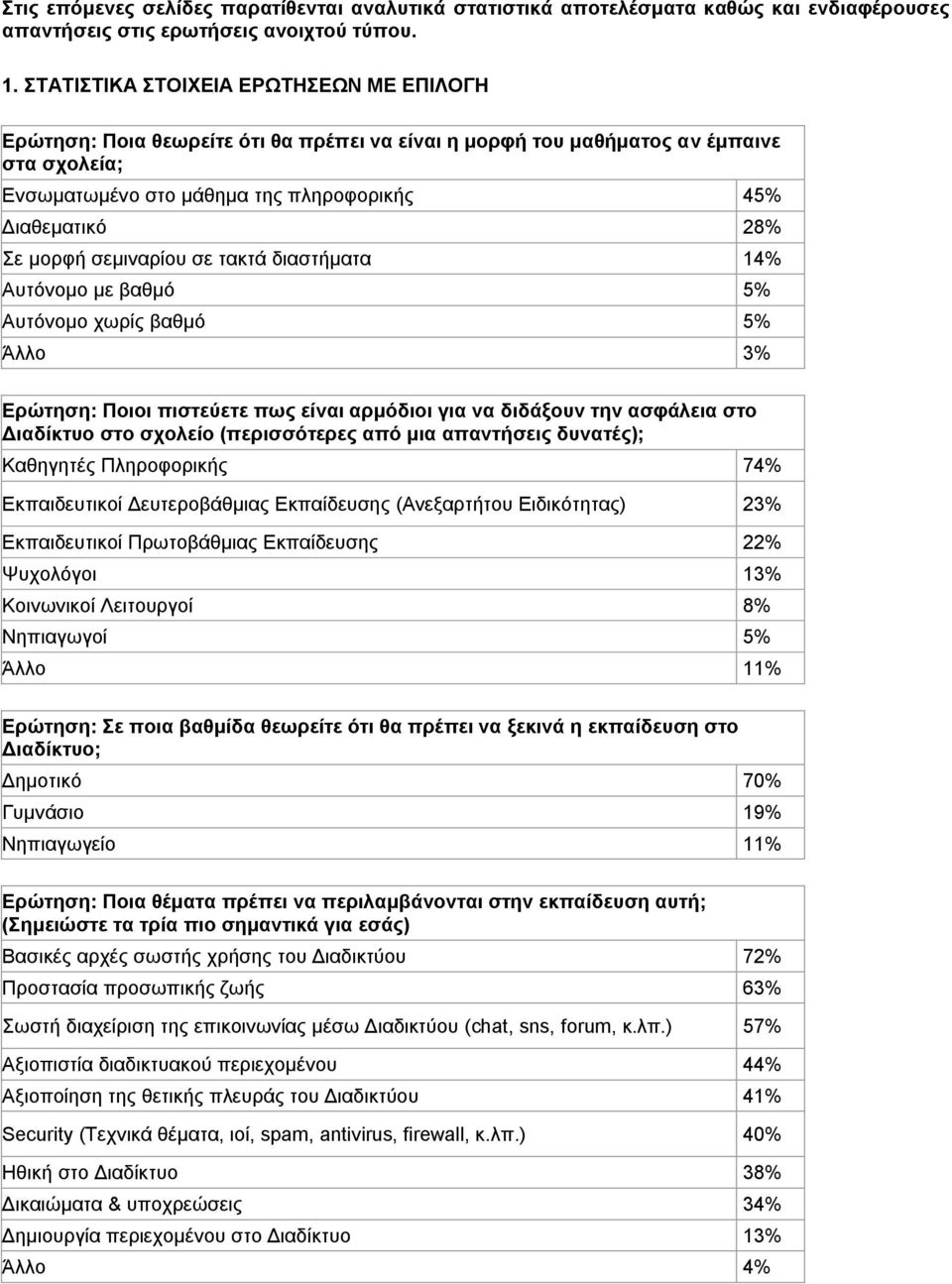 ζεκηλαξίνπ ζε ηαθηά δηαζηήκαηα 14% Απηόλνκν κε βαζκό 5% Απηόλνκν ρσξίο βαζκό 5% Άιιν 3% Εξψηεζε: Πνηνη πηζηεχεηε πσο είλαη αξκφδηνη γηα λα δηδάμνπλ ηελ αζθάιεηα ζην Δηαδίθηπν ζην ζρνιείν