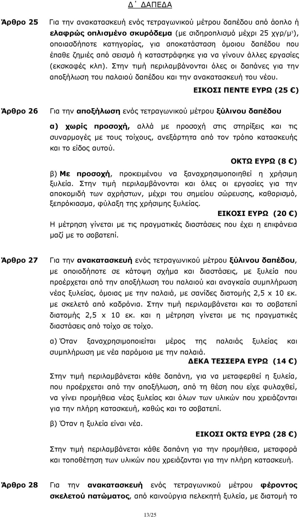 Στην τιμή περιλαμβάνονται όλες οι δαπάνες για την αποξήλωση του παλαιού δαπέδου και την ανακατασκευή του νέου.