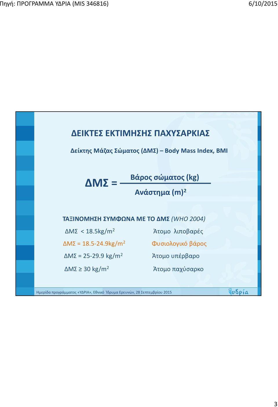 ΤΟ ΔΜΣ (WHO 2004) ΔΜΣ <18.5kg/m 2 ΔΜΣ = 18.5-24.9kg/m 2 ΔΜΣ=25-29.