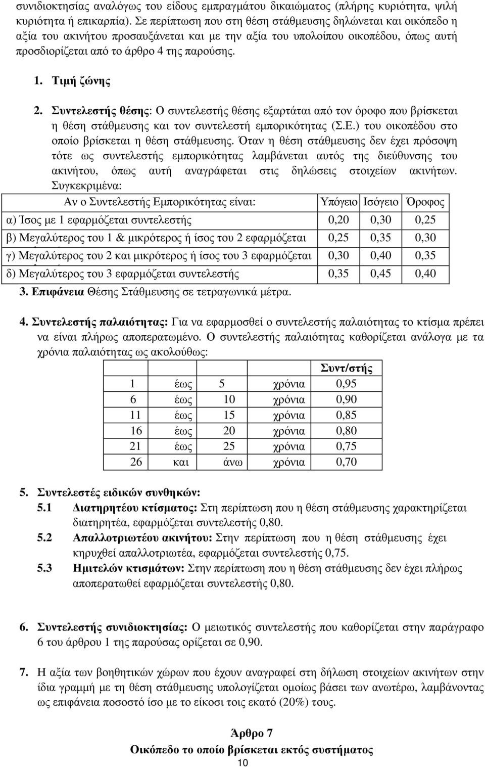 Τιμή ζώνης 2. Συντελεστής θέσης: Ο συντελεστής θέσης εξαρτάται από τον όροφο που βρίσκεται η θέση στάθμευσης και τον συντελεστή εμπορικότητας (Σ.Ε.