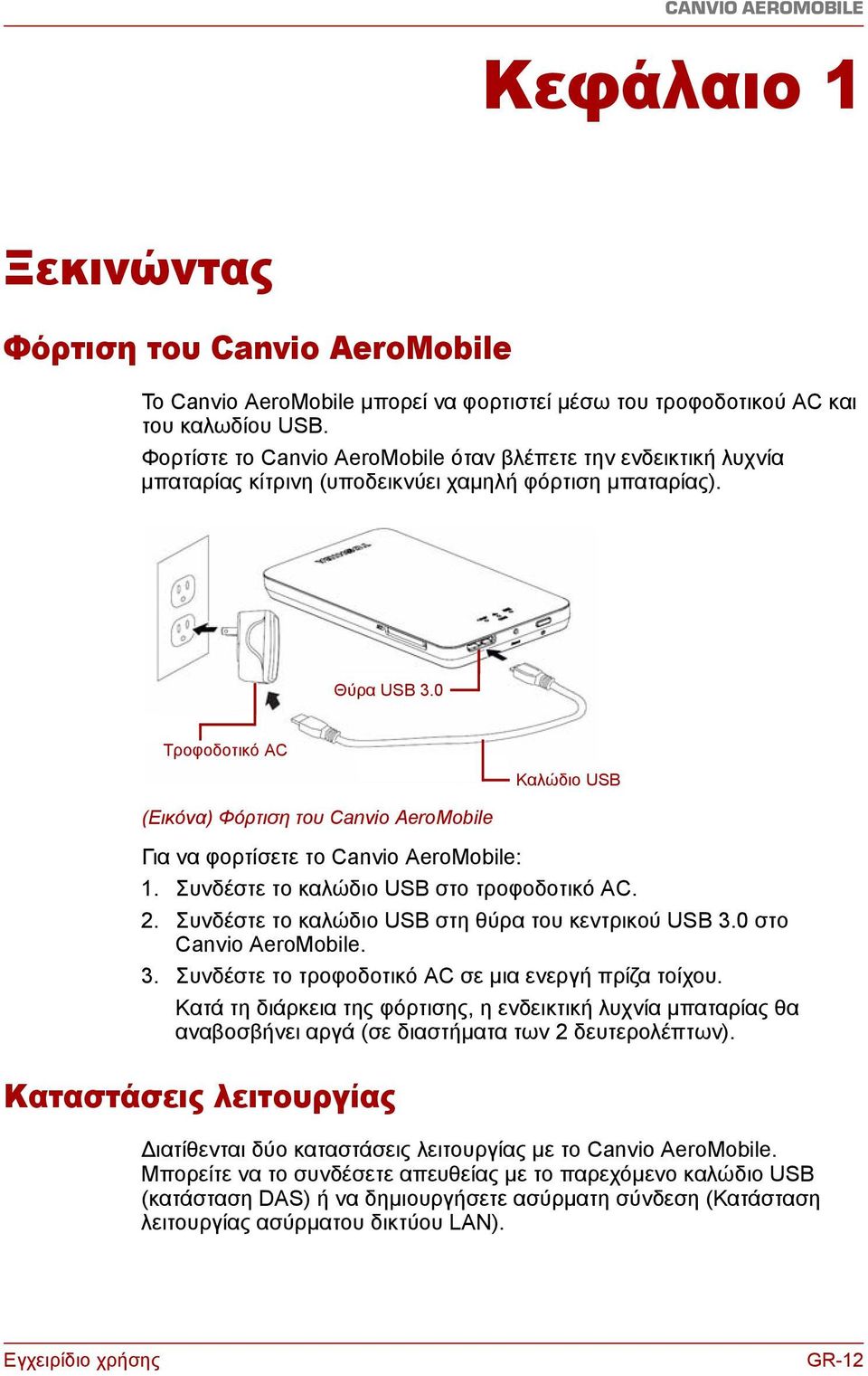 0 Τροφοδοτικό AC Καλώδιο USB (Εικόνα) Φόρτιση του Canvio AeroMobile Για να φορτίσετε το Canvio AeroMobile: 1. Συνδέστε το καλώδιο USB στο τροφοδοτικό AC. 2.