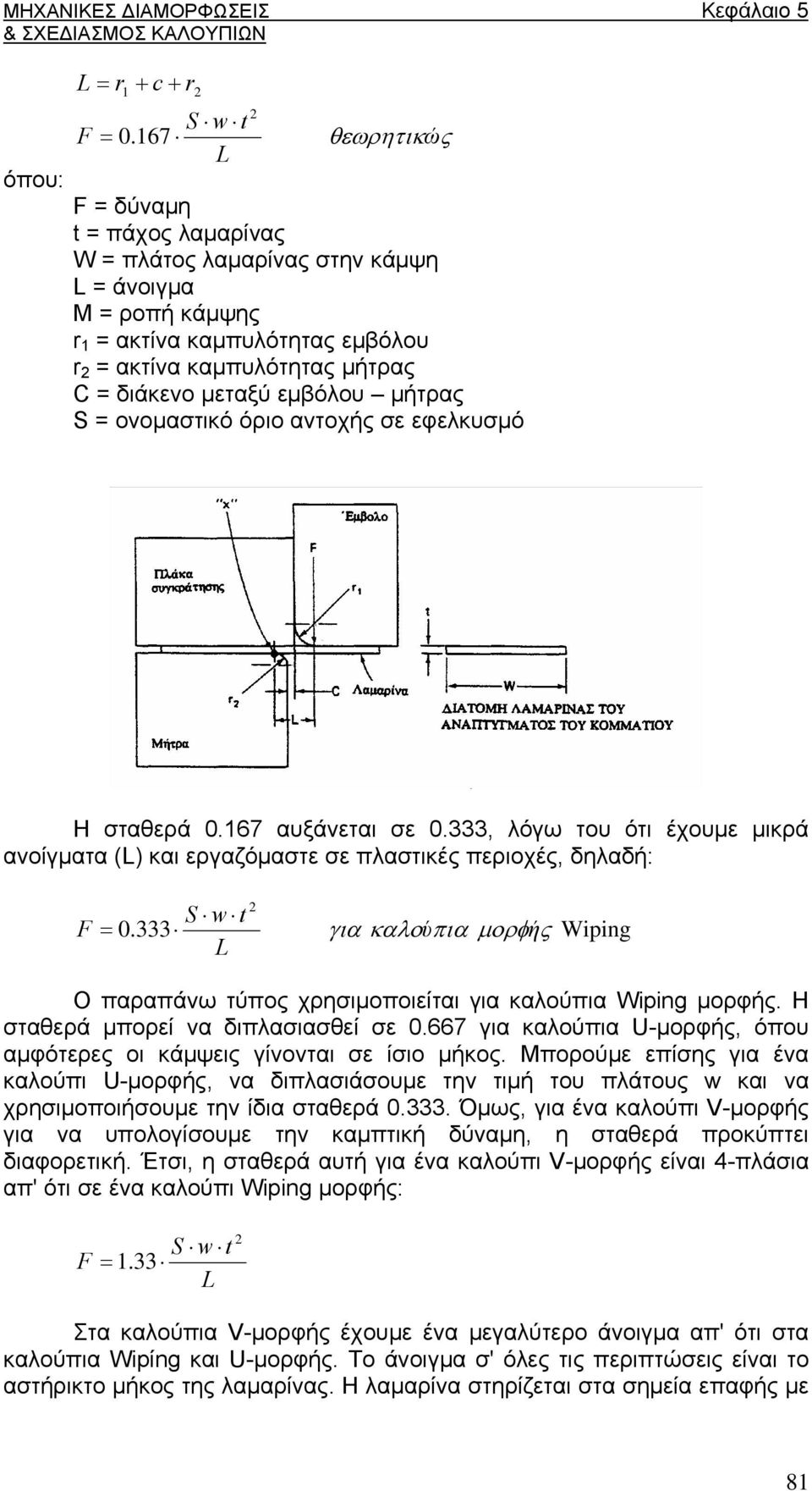 εμβόλου μήτρας S = ονομαστικό όριο αντοχής σε εφελκυσμό Η σταθερά 0.167 αυξάνεται σε 0.333, λόγω του ότι έχουμε μικρά ανοίγματα (L) και εργαζόμαστε σε πλαστικές περιοχές, δηλαδή: F S w t = 0.