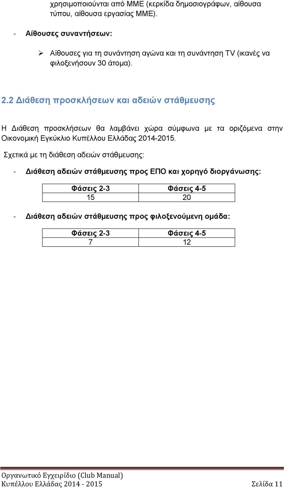 2 Διάθεση προσκλήσεων και αδειών στάθμευσης Η Διάθεση προσκλήσεων θα λαμβάνει χώρα σύμφωνα με τα οριζόμενα στην Οικονομική Εγκύκλιο Κυπέλλου Ελλάδας