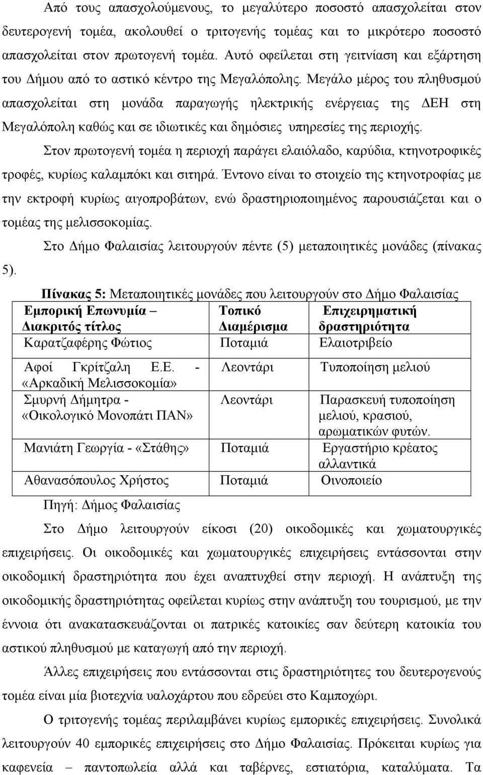 Μεγάλο μέρος του πληθυσμού απασχολείται στη μονάδα παραγωγής ηλεκτρικής ενέργειας της ΔΕΗ στη Μεγαλόπολη καθώς και σε ιδιωτικές και δημόσιες υπηρεσίες της περιοχής.