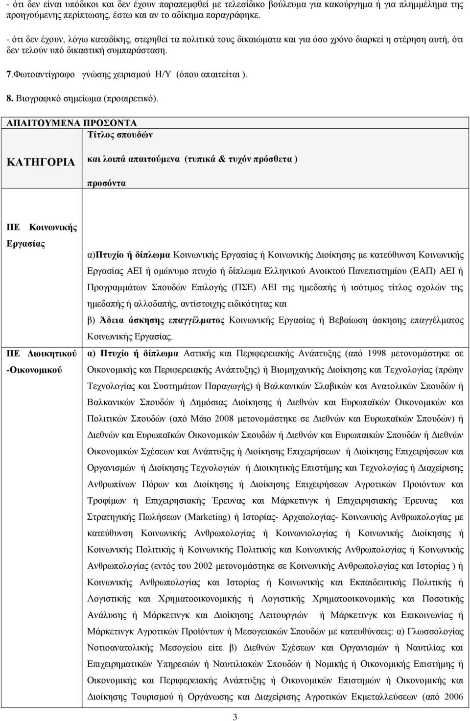 Φωτοαντίγραφο γνώσης χειρισμού Η/Υ (όπου απαιτείται ). 8. Βιογραφικό σημείωμα (προαιρετικό).