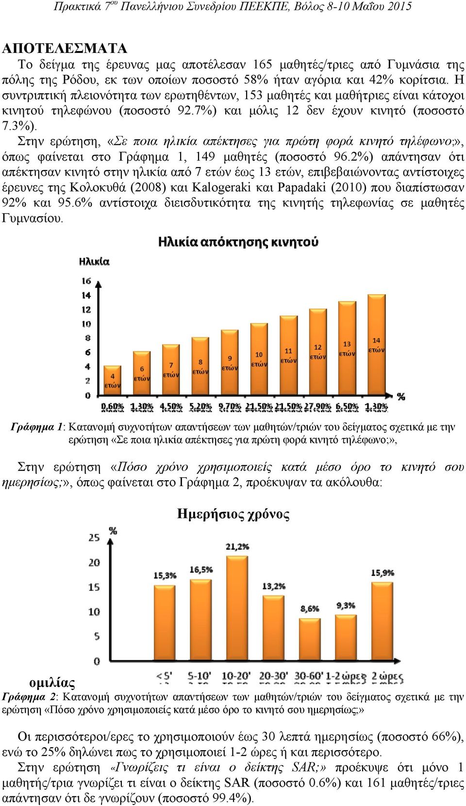 Στην ερώτηση, «Σε ποια ηλικία απέκτησες για πρώτη φορά κινητό τηλέφωνο;», όπως φαίνεται στο Γράφημα 1, 149 μαθητές (ποσοστό 96.