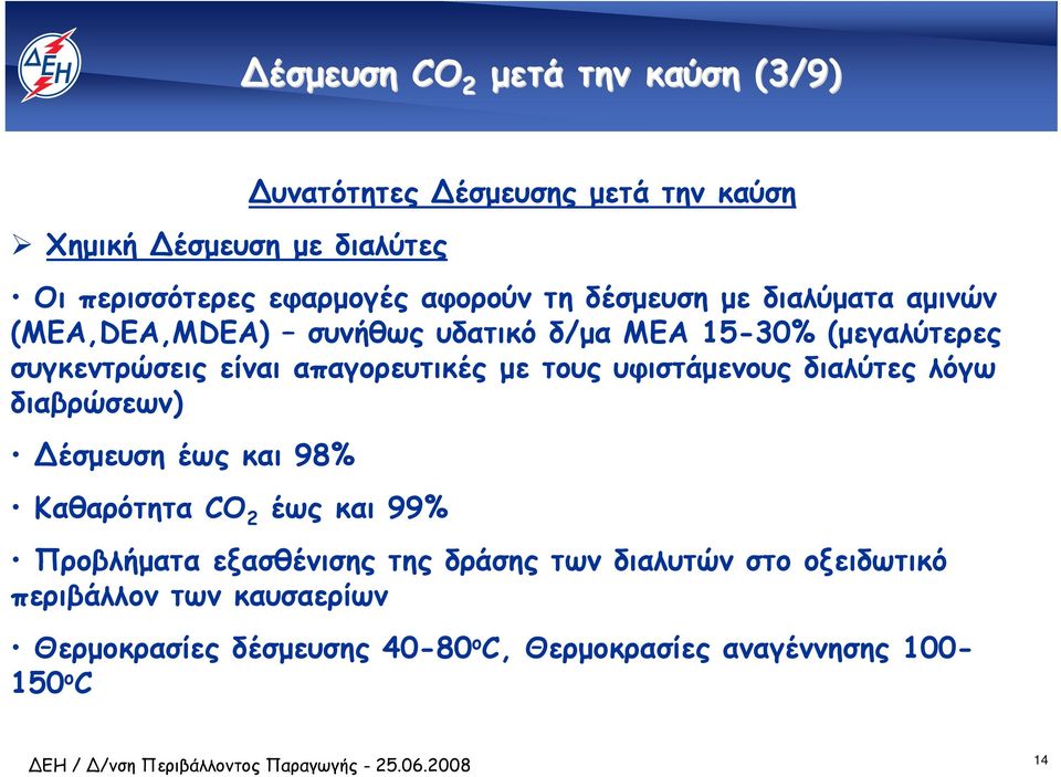 απαγορευτικές µε τους υφιστάµενουςδιαλύτεςλόγω διαβρώσεων) έσµευση έως και 98% Καθαρότητα CO 2 έως και 99% Προβλήµατα