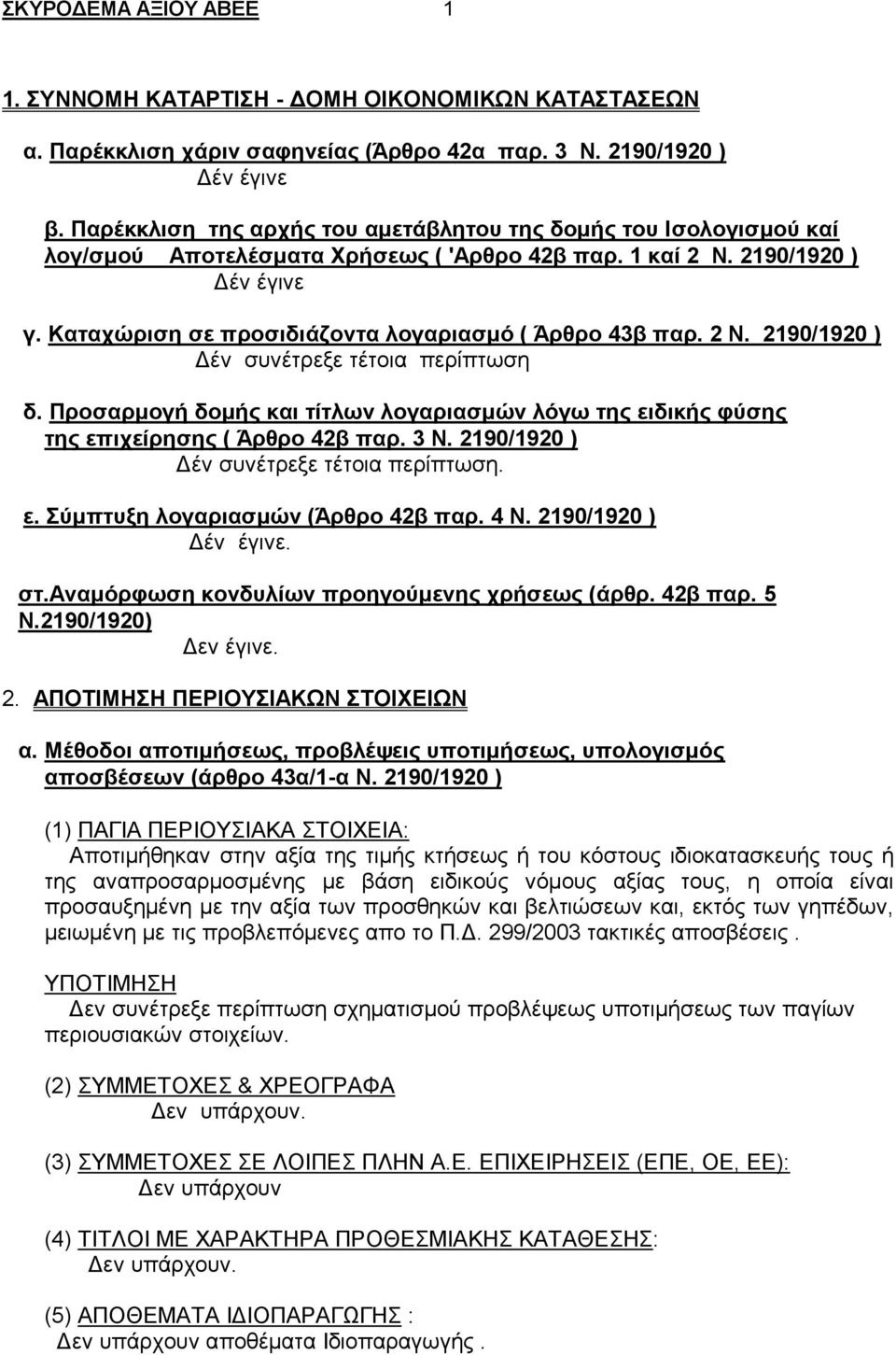 Καταχώριση σε προσιδιάζοντα λογαριασμό ( Άρθρο 43β παρ. 2 Ν. 2190/1920 ) Δέν συνέτρεξε τέτοια περίπτωση δ.