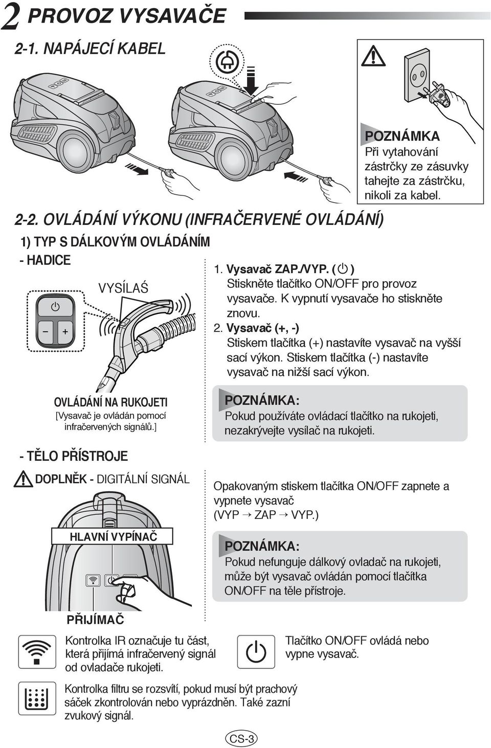 ( ) Stisknûte tlaãítko ON/OFF pro provoz vysavaãe. K vypnutí vysavaãe ho stisknûte znovu. 2. Vysavač (+, -) Stiskem tlaãítka (+) nastavíte vysavaã na vyšší sací výkon.