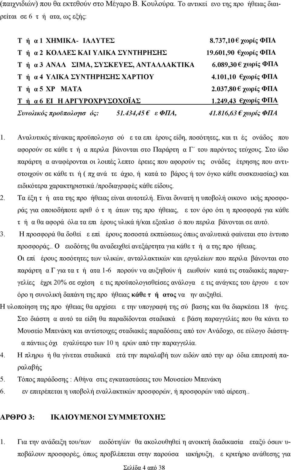 249,43 χωρίς ΦΠΑ Συνολικός προϋπολογισμός: 51.434,45 με ΦΠΑ, 41.816,63 χωρίς ΦΠΑ 1.