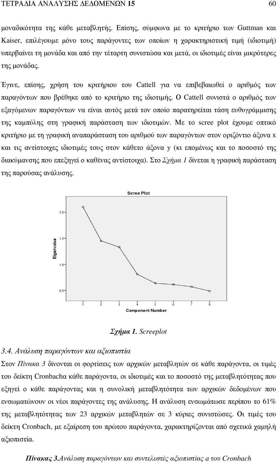 ιδιοτιµές είναι µικρότερες της µονάδας. Έγινε, επίσης, χρήση του κριτήριου του Cattell για να επιβεβαιωθεί ο αριθµός των παραγόντων που βρέθηκε από το κριτήριο της ιδιοτιµής.