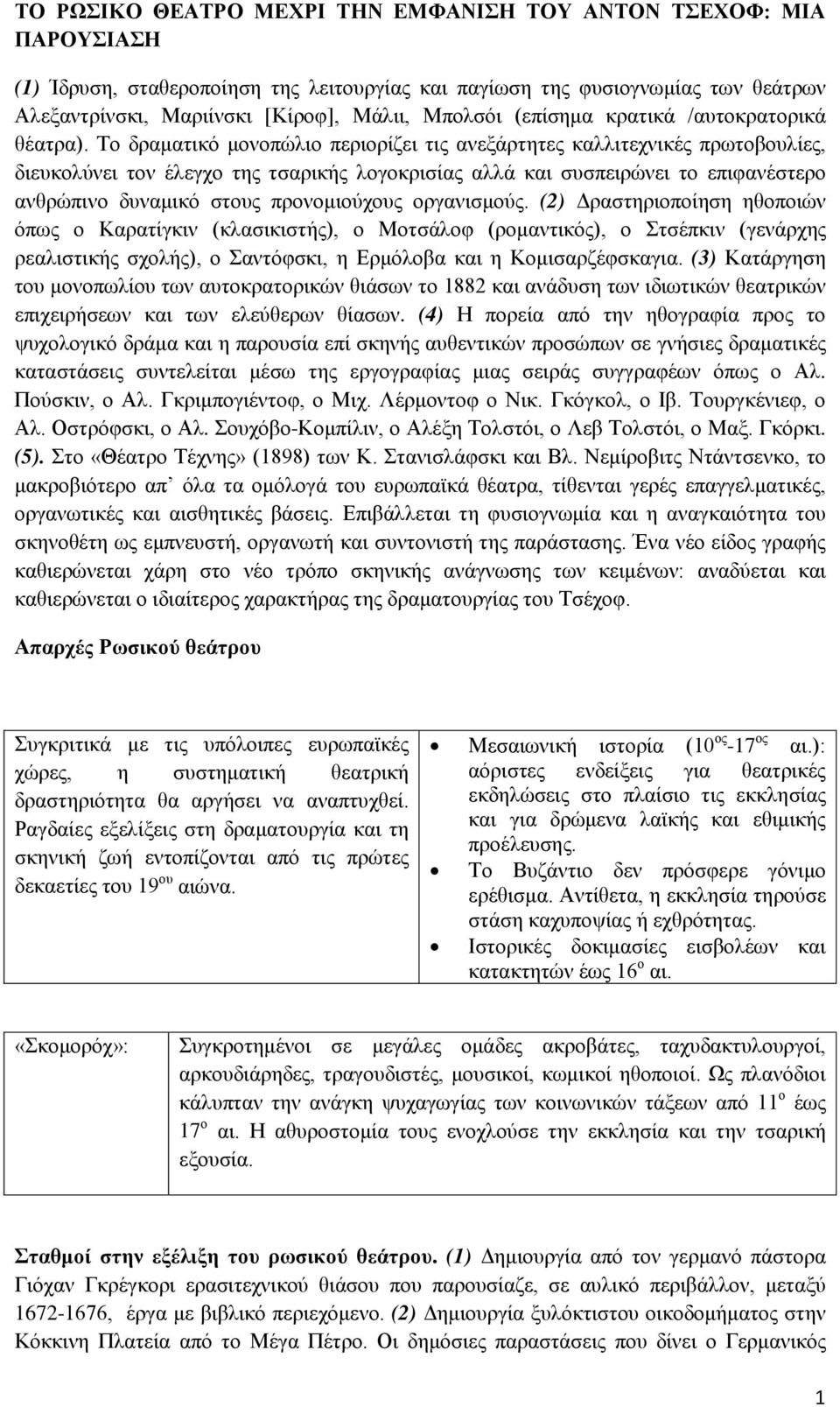 Το δραματικό μονοπώλιο περιορίζει τις ανεξάρτητες καλλιτεχνικές πρωτοβουλίες, διευκολύνει τον έλεγχο της τσαρικής λογοκρισίας αλλά και συσπειρώνει το επιφανέστερο ανθρώπινο δυναμικό στους