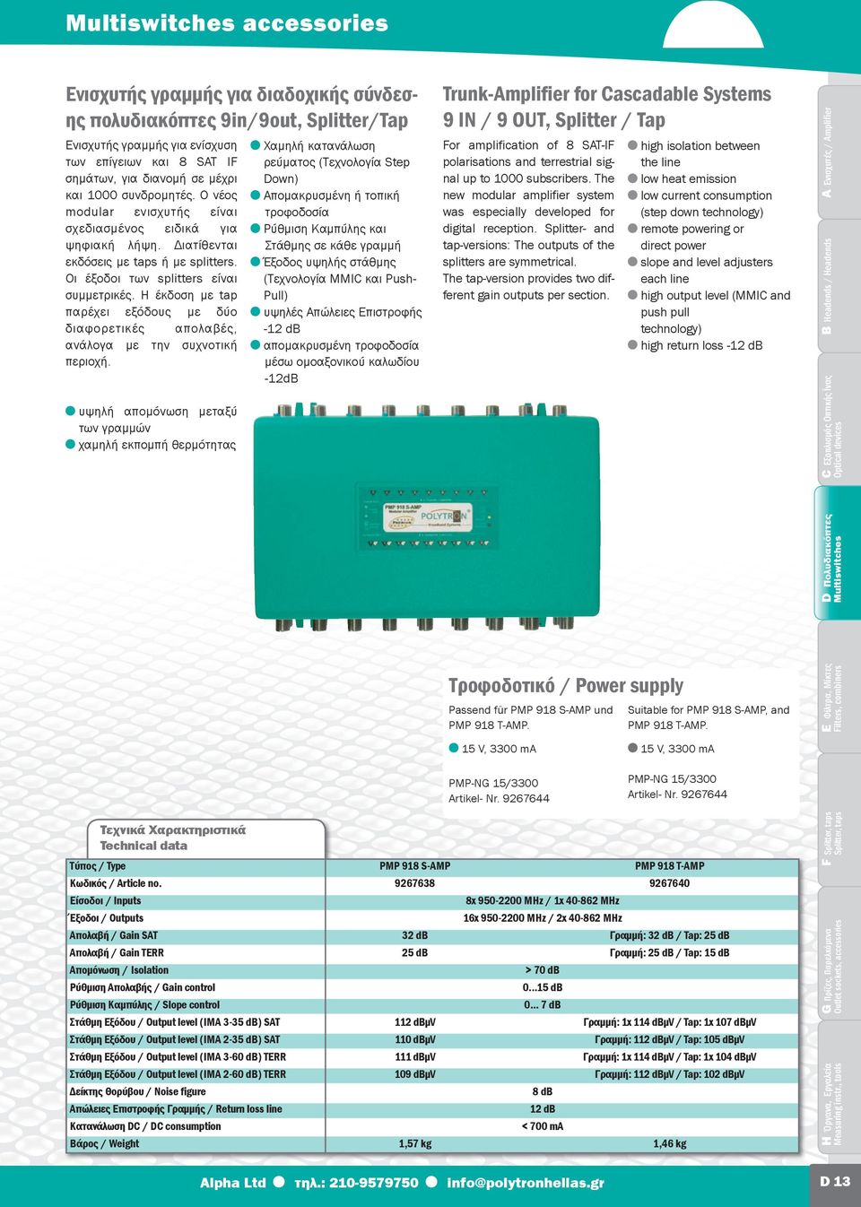 high isolation between the line low heat emission low current consumption (step down technology) remote powering or direct power slope and level adjusters each line high output level (MMIC and push