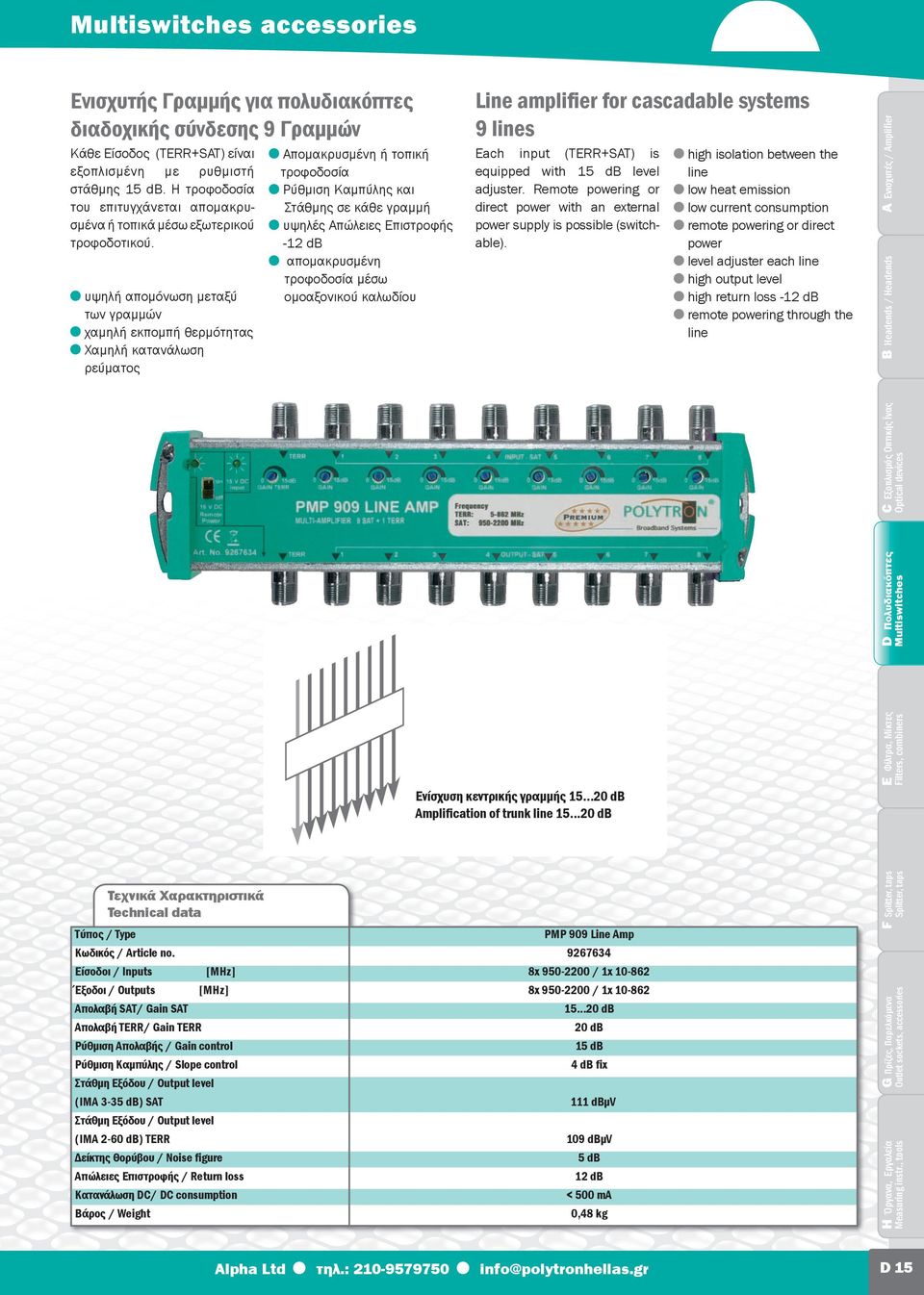 high isolation between the line low heat emission low current consumption remote powering or direct power level adjuster each line high output level high return loss -12 d remote powering through the