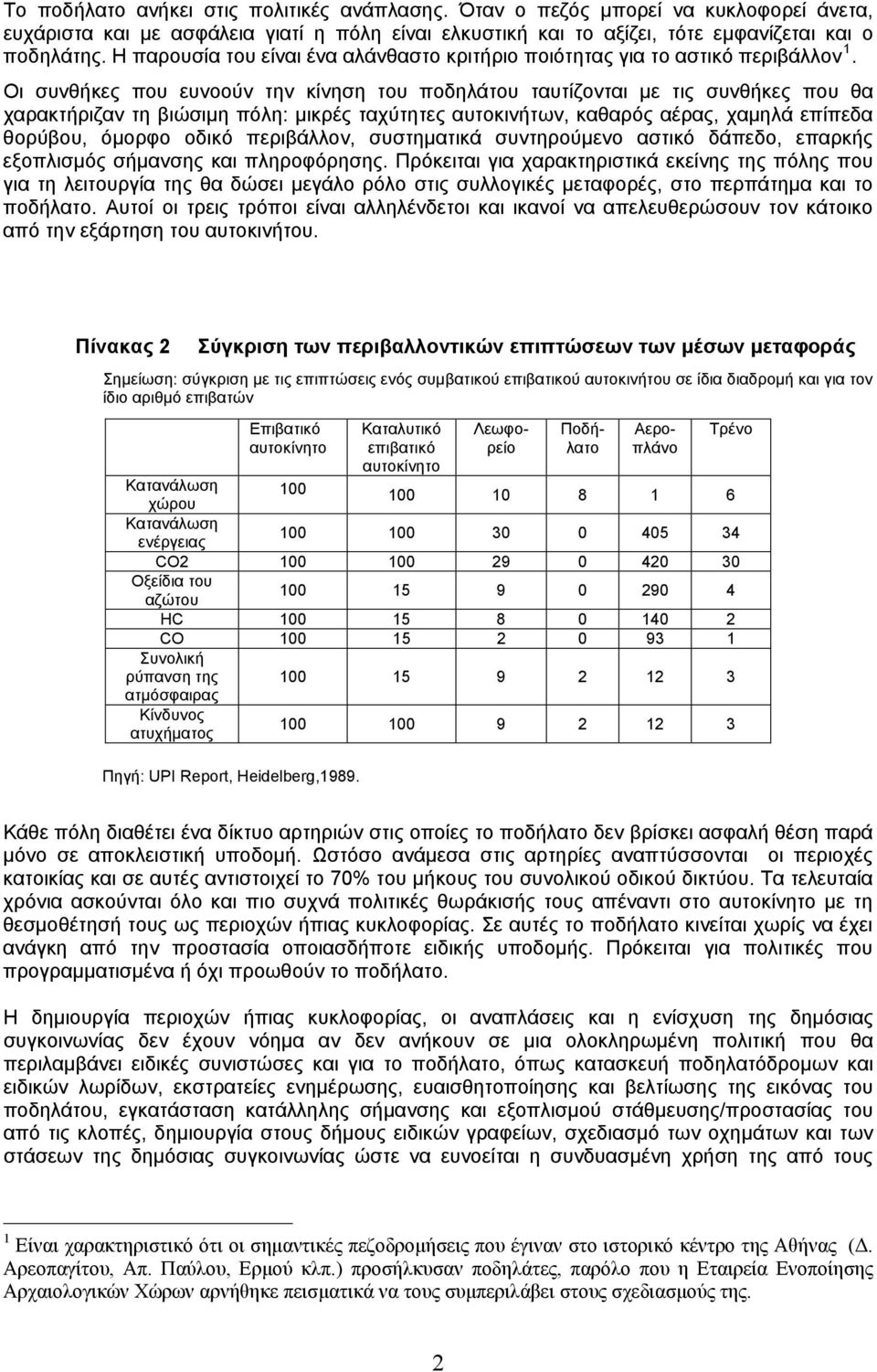 Οι συνθήκες που ευνοούν την κίνηση του ποδηλάτου ταυτίζονται με τις συνθήκες που θα χαρακτήριζαν τη βιώσιμη πόλη: μικρές ταχύτητες αυτοκινήτων, καθαρός αέρας, χαμηλά επίπεδα θορύβου, όμορφο οδικό