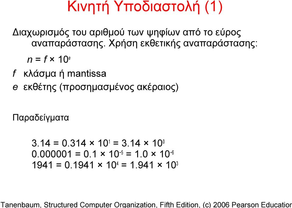 Χρήση εκθετικής αναπαράστασης: n = f 10e f κλάσμα ή mantissa e εκθέτης