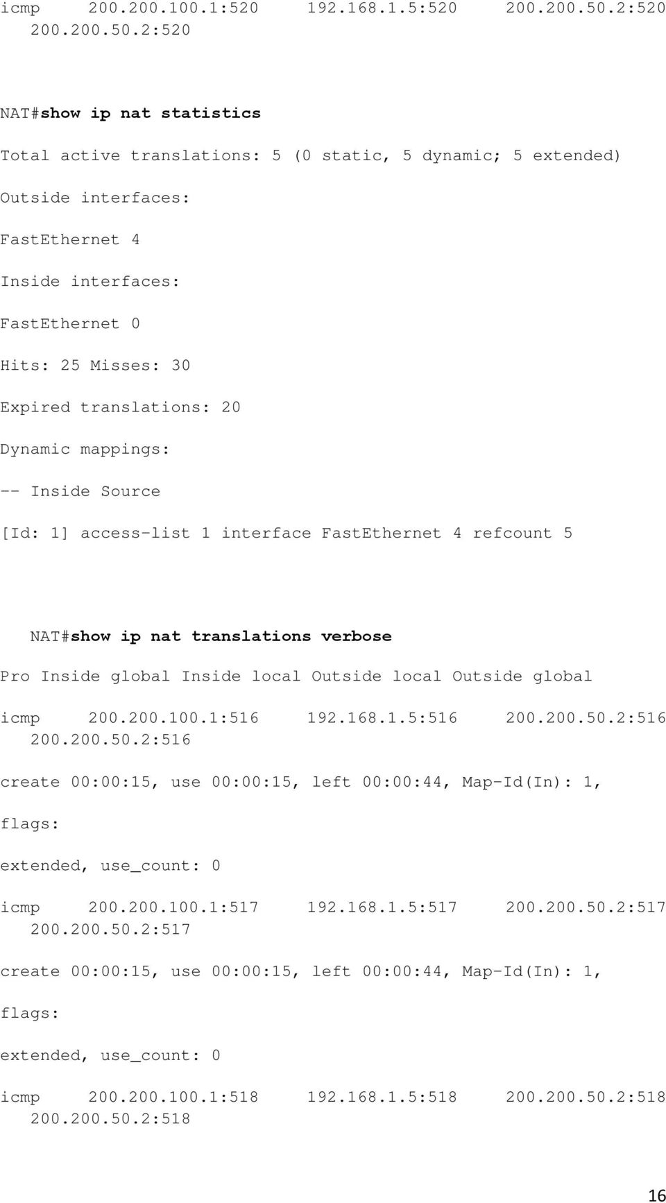 2:520 NAT#show ip nat statistics Total active translations: 5 (0 static, 5 dynamic; 5 extended) Outside interfaces: FastEthernet 4 Inside interfaces: FastEthernet 0 Hits: 25 Misses: 30 Expired