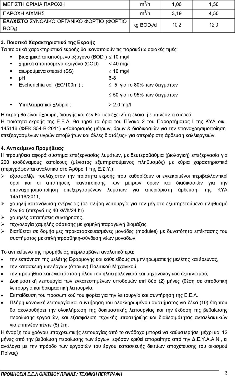 mg/l αιωρούμενα στερεά (SS) 10 mg/l ph 6-8 Escherichia coli (EC/100ml) : 5 για το 80% των δειγμάτων Υπολειμματικό χλώριο : > 2.