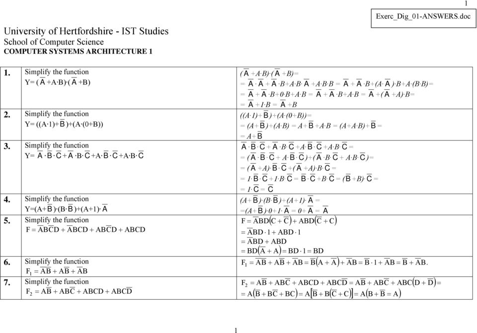 Simplify the function Y( ) ( )(1) 5. Simplify the function 6. Simplify the function 1 7.