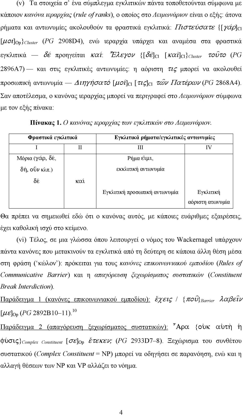 2896A7) και στις εγκλιτικές αντωνυµίες: η αόριστη tij µπορεί να ακολουθεί προσωπική αντωνυµία Dihgh/sato/ [moi/] Cl [tij] Cl tw=n Pate/rwn (PG 2868A4).