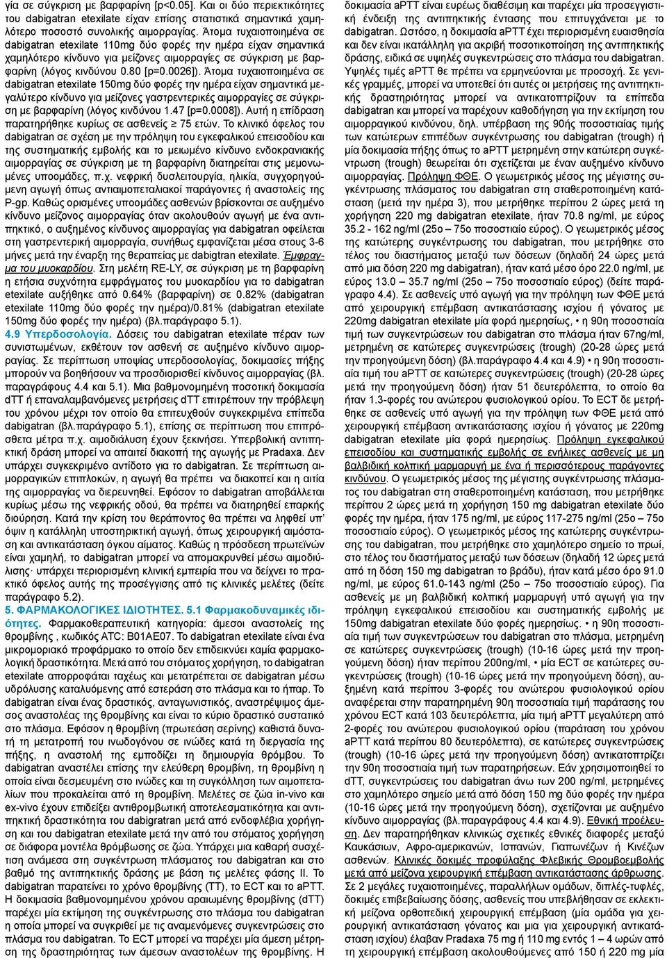 Άτομα τυχαιοποιημένα σε dabigatran etexilate 150mg δύο φορές είχαν σημαντικά μεγαλύτερο κίνδυνο για μείζονες γαστρεντερικές αιμορραγίες σε σύγκριση με βαρφαρίνη (λόγος κινδύνου 1.47 [p=0.0008]).