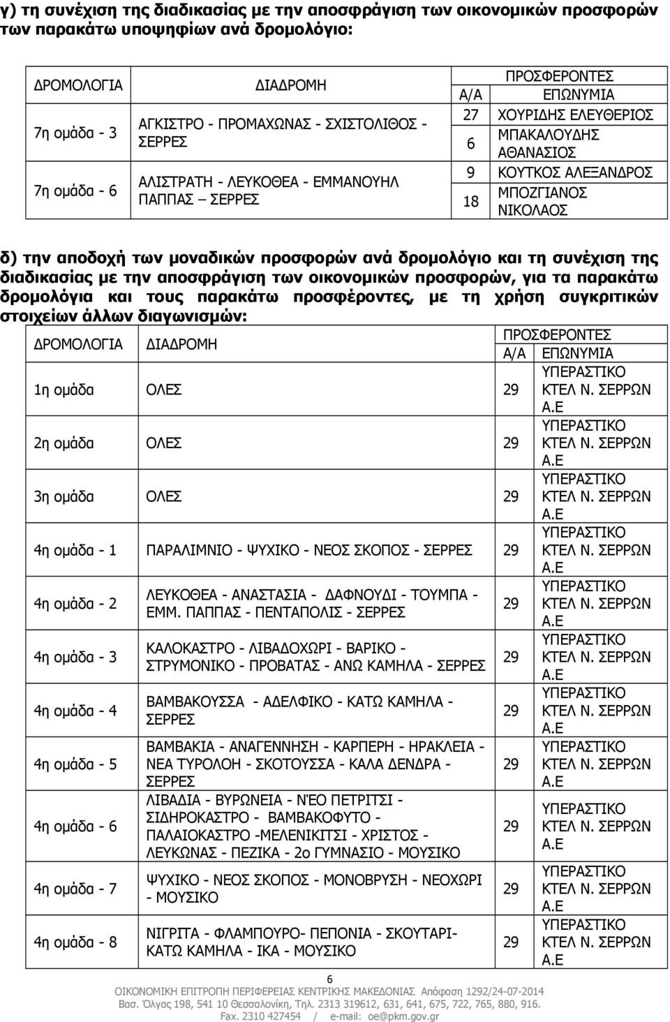 προσφορών ανά δρομολόγιο και τη συνέχιση της διαδικασίας με την αποσφράγιση των οικονομικών προσφορών, για τα παρακάτω δρομολόγια και τους παρακάτω προσφέροντες, με τη χρήση συγκριτικών στοιχείων