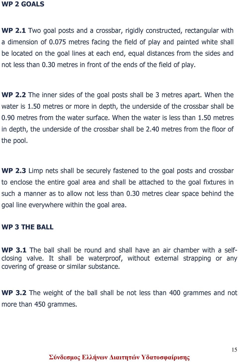 30 metres in front of the ends of the field of play. WP 2.2 The inner sides of the goal posts shall be 3 metres apart. When the water is 1.