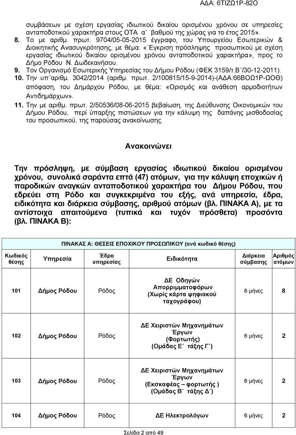 προς το Δήμο Ρόδου N. Δωδεκανήσου. 9. Τον Οργανισμό Εσωτερικής Υπηρεσίας του Δήμου Ρόδου (ΦΕΚ 3159/τ.Β /30-12-2011). 10. Την υπ αριθμ. 3042/2014 (αριθμ. πρωτ.