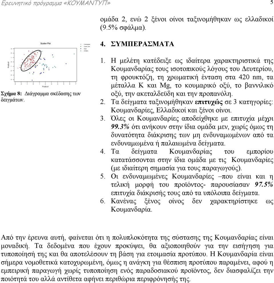 Η μελέτη κατέδειξε ως ιδαίτερα χαρακτηριστικά της Κουμανδαρίας τους ισοτοπικούς λόγους του Δευτερίου, τη φρουκτόζη, τη χρωματική ένταση στα nm, τα μέταλλα K και Mg, το κουμαρικό οξύ, το βαννιλικό