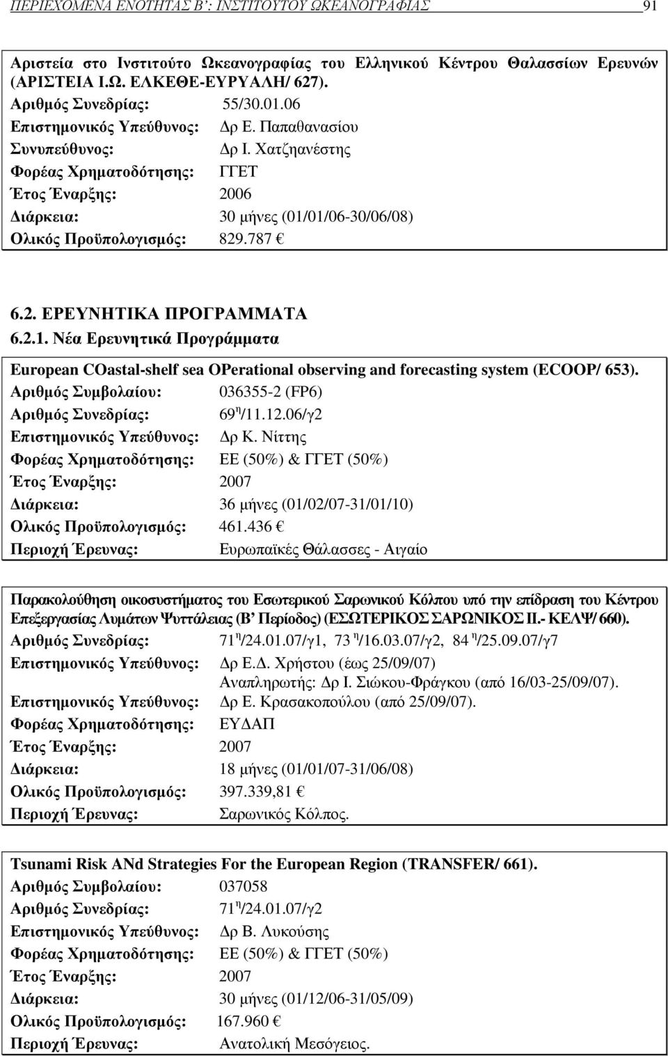 2.1. Νέα Ερευνητικά Προγράµµατα European COastal-shelf sea OPerational observing and forecasting system (ECOOP/ 653). Αριθµός Συµβολαίου: 036355-2 (FP6) Αριθµός Συνεδρίας: 69 η /11.12.