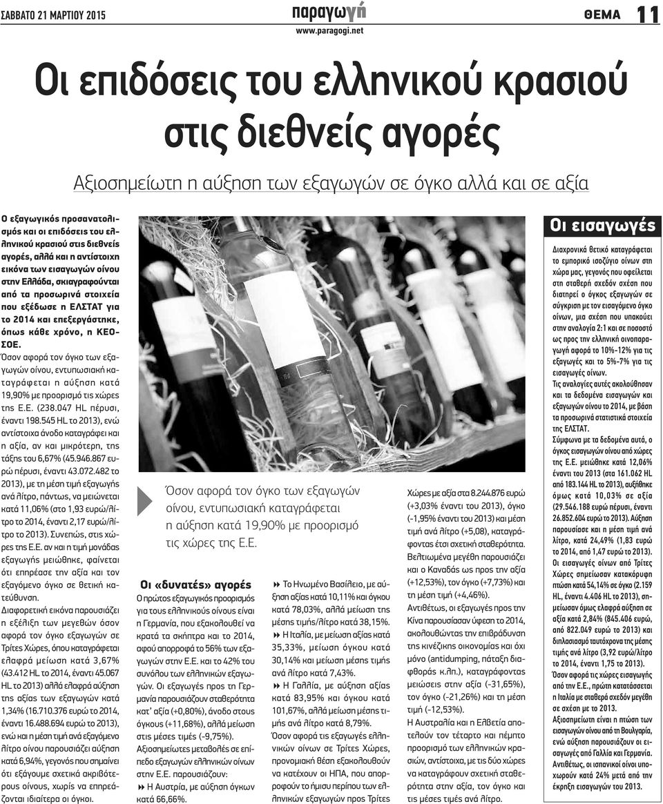 κάθε χρόνο, η ΚΕΟ- ΣΟΕ. Όσον αφορά τον όγκο των εξαγωγών οίνου, εντυπωσιακή καταγράφεται η αύξηση κατά 19,90% με προορισμό τις χώρες της Ε.Ε. (238.047 HL πέρυσι, έναντι 198.