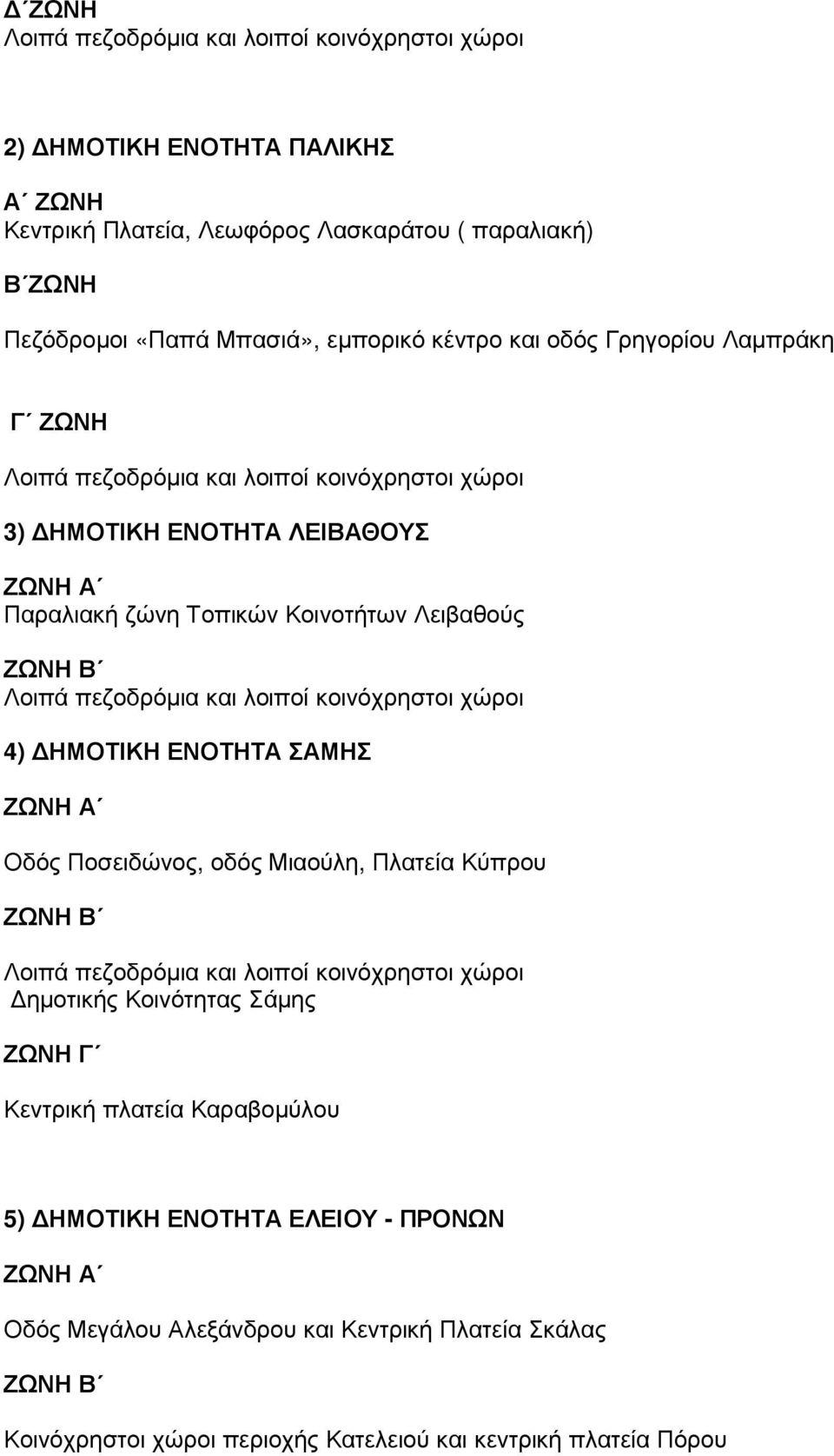 λοιποί κοινόχρηστοι χώροι 4) ΗΜΟΤΙΚΗ ΕΝΟΤΗΤΑ ΣΑΜΗΣ ΖΩΝΗ Α Οδός Ποσειδώνος, οδός Μιαούλη, Πλατεία Κύπρου ΖΩΝΗ Β Λοιπά πεζοδρόµια και λοιποί κοινόχρηστοι χώροι ηµοτικής Κοινότητας Σάµης ΖΩΝΗ Γ