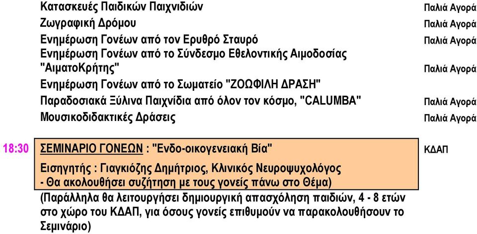 18:30 ΣΕΜΙΝΑΡΙΟ ΓΟΝΕΩΝ : "Ενδο-οικογενειακή Βία" Κ ΑΠ Εισηγητής : Γιαγκιόζης ηµήτριος, Κλινικός Νευροψυχολόγος - Θα ακολουθήσει συζήτηση µε τους