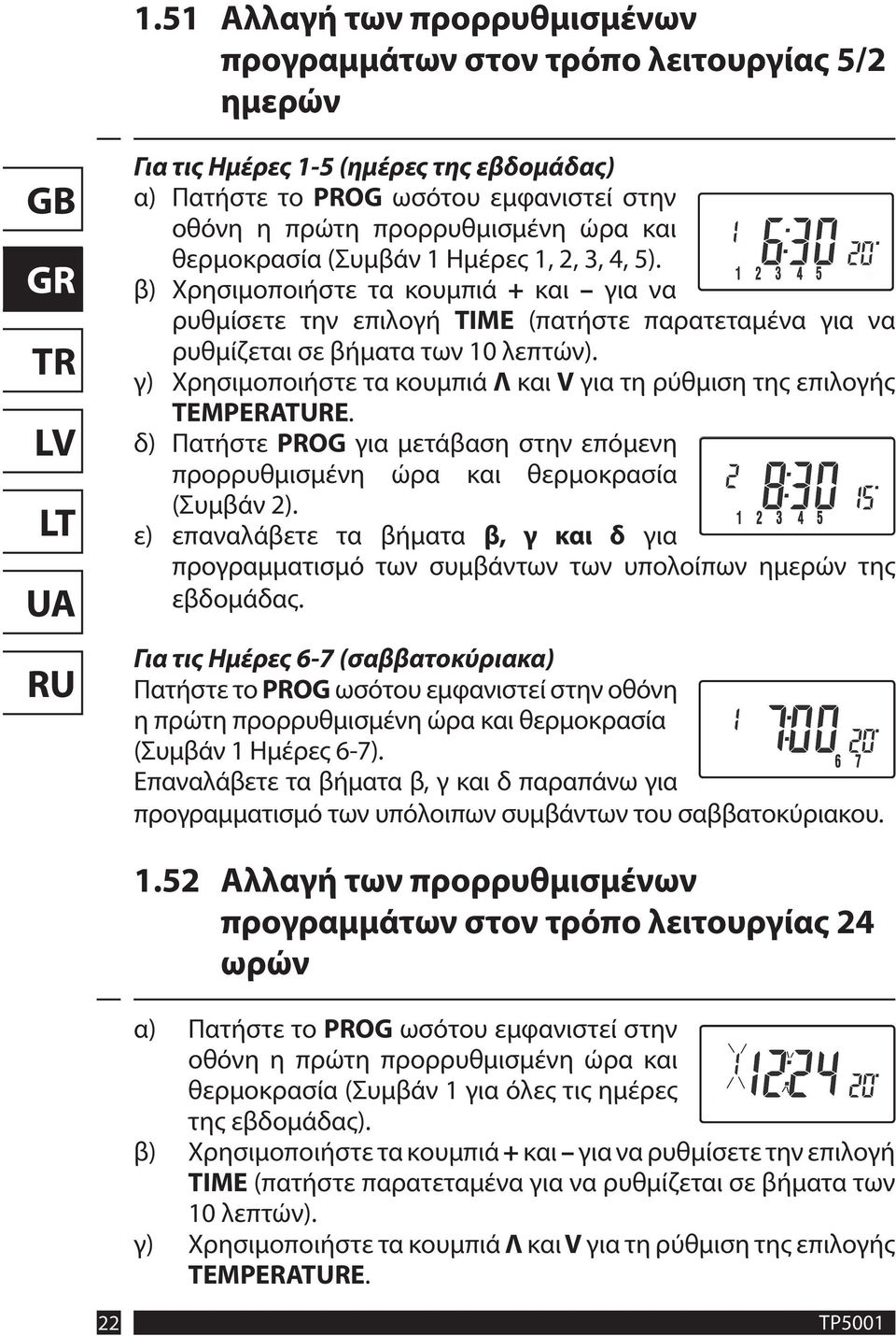 γ) Χρησιμοποιήστε τα κουμπιά Λ και V για τη ρύθμιση της επιλογής TEMPERATURE. δ) Πατήστε PROG για μετάβαση στην επόμενη προρρυθμισμένη ώρα και θερμοκρασία (Συμβάν 2).