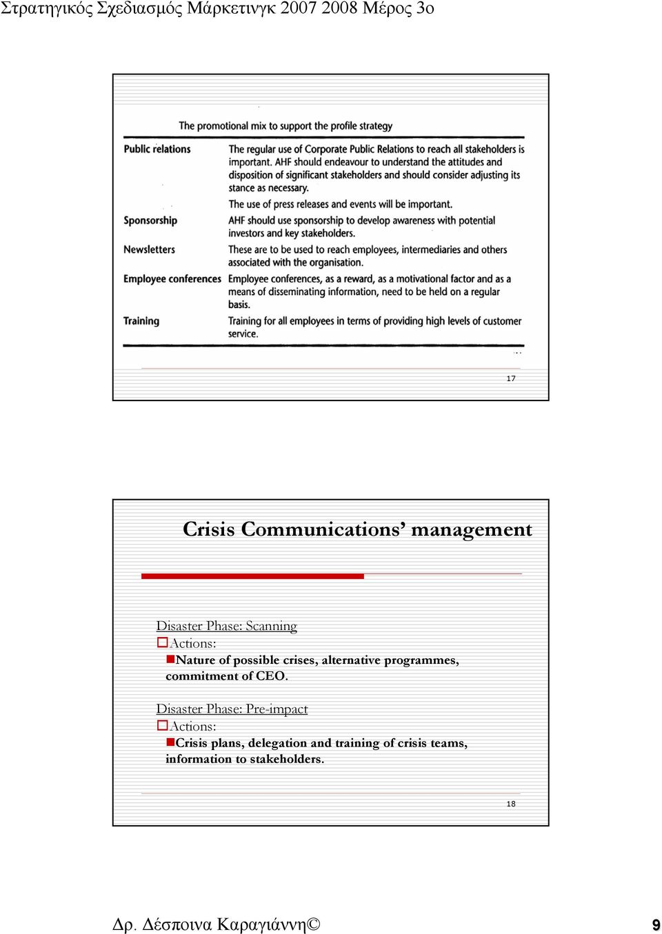 Disaster Phase: Pre-impact Actions: Crisis plans, delegation and