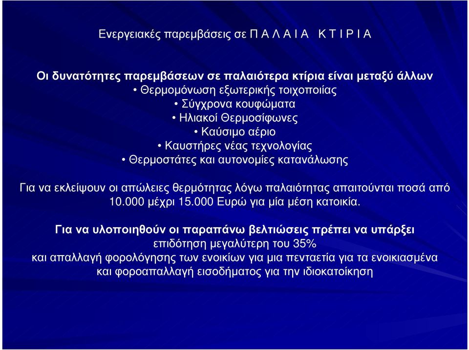 λόγω παλαιότητας απαιτούνται ποσά από 10.000 µέχρι 15.000 Ευρώ για µία µέση κατοικία.