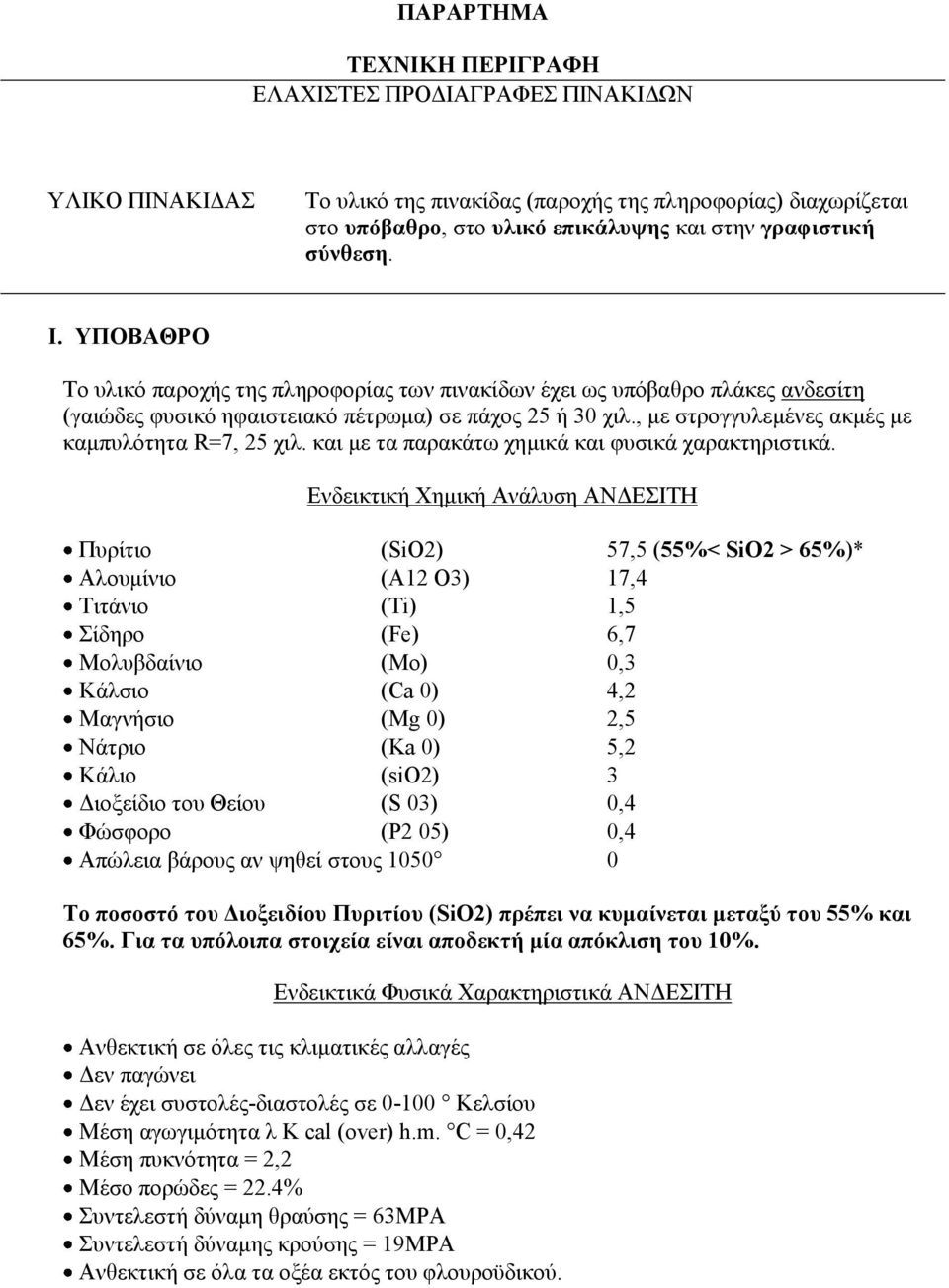 , με στρογγυλεμένες ακμές με καμπυλότητα R=7, 25 χιλ. και με τα παρακάτω χημικά και φυσικά χαρακτηριστικά.