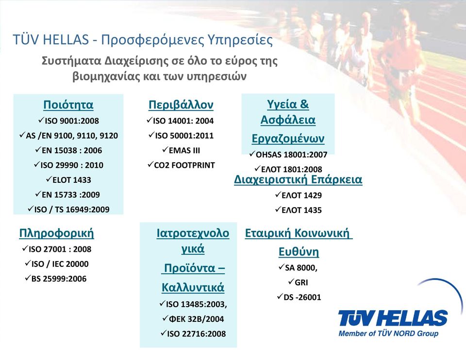 Περιβάλλον ISO 14001: 2004 ISO 50001:2011 EMAS III CO2 FOOTPRINT Ιατροτεχνολο γικά Προϊόντα Καλλυντικά ISO 13485:2003, ΦΕΚ 32B/2004 ISO 22716:2008