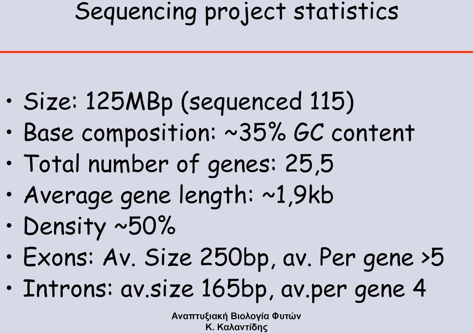 25,5 Average gene length: ~1,9kb Density ~50% Exons: Av.