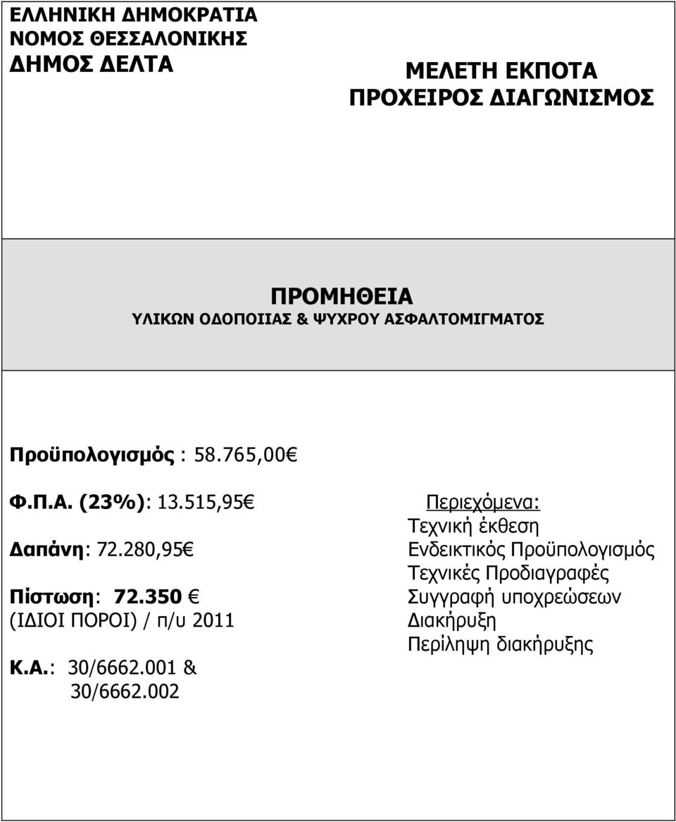 515,95 Δαπάνη: 72.280,95 Πίστωση: 72.350 (ΙΔΙΟΙ ΠΟΡΟΙ) / π/υ 2011 Κ.Α.: 30/6662.001 & 30/6662.