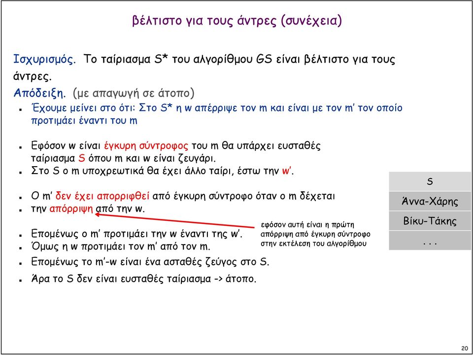 όπου m και w είναι ζευγάρι. Στο S ο m υποχρεωτικά θα έχει άλλο ταίρι, έστω την w. Ο m δεν έχει απορριφθεί από έγκυρη σύντροφο όταν ο m δέχεται την απόρριψη από την w.