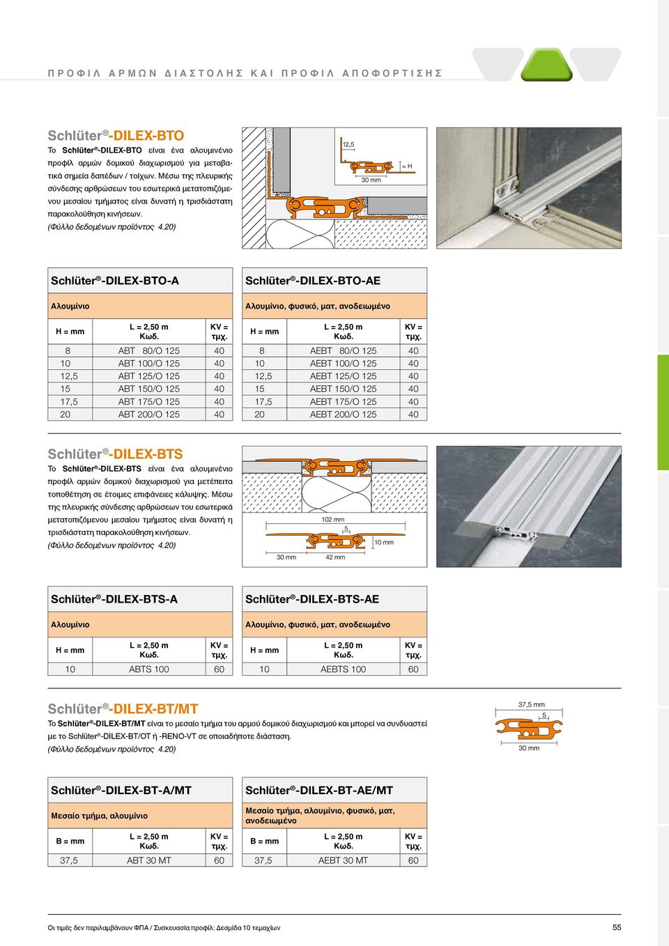 20) Schlüter -DILEX-BTO-A Schlüter -DILEX-BTO-AE Αλουμίνιο Αλουμίνιο, φυσικό, ματ, ανοδειωμένο 8 ABT 80/O 125 40 10 ABT 100/O 125 40 12,5 ABT 125/O 125 40 15 ABT 150/O 125 40 17,5 ABT 175/O 125 40 20