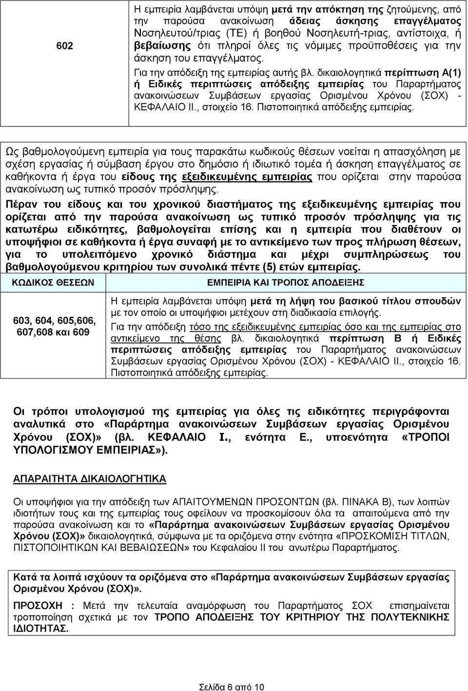 δικαιολογητικά περίπτωση Α() ή Ειδικές περιπτώσεις απόδειξης εμπειρίας του Παραρτήματος ανακοινώσεων Συμβάσεων εργασίας Ορισμένου Χρόνου (ΣΟΧ) - ΚΕΦΑΛΑΙΟ IΙ., στοιχείο 6.