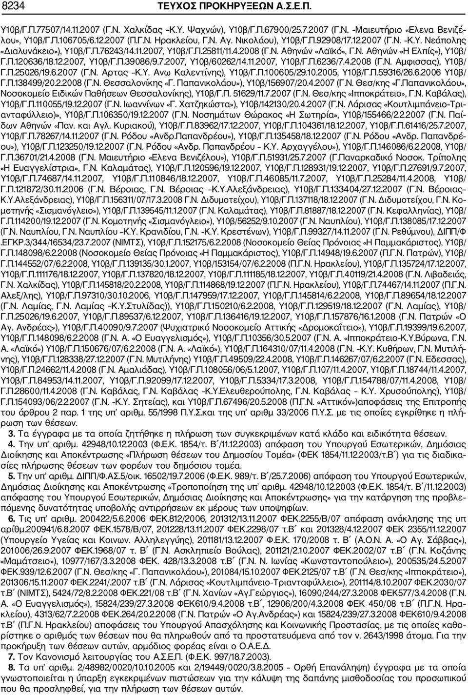 7.2007, Υ10β/60262/14.11.2007, Υ10β/Γ.Π.6236/7.4.2 (Γ.Ν. Αμφισσας), Υ10β/ Γ.Π.25026/19.6.2007 (Γ.Ν. Αρτας Κ.Υ. Ανω Καλεντίνης), Υ10β/Γ.Π.100605/29.10.2005, Υ10β/Γ.Π.59316/26.6.2006 Υ10β/ Γ.Π.138499/20.