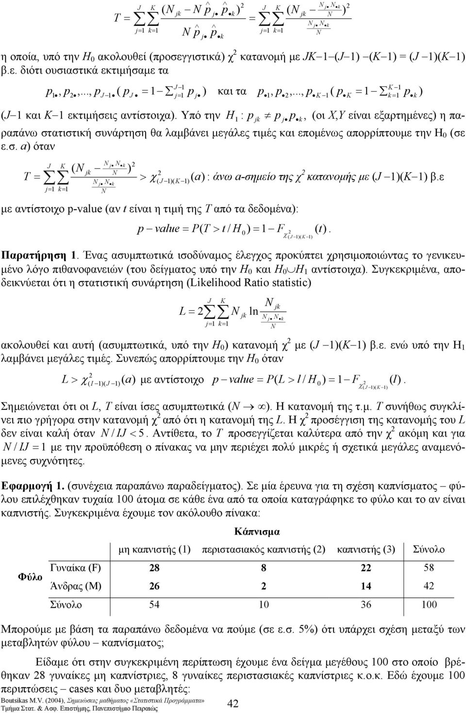 V. (004, Σηµειώσεις µαθήµατος «Στατιστικά Προγράµµατα» 4 ( a : άνω a-σηµείο της χ κατανοµής µε ( ( β.ε value P T > t / H F (. χ ( ( ( 0 t Παρατήρηση.