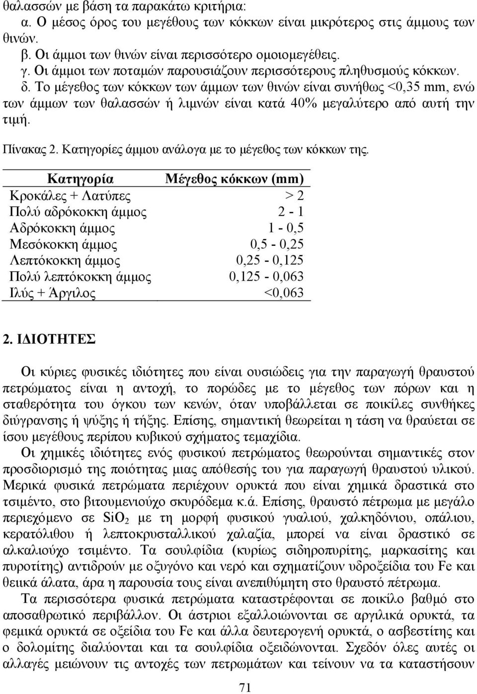 Το µέγεθος των κόκκων των άµµων των θινών είναι συνήθως <0,35 mm, ενώ των άµµων των θαλασσών ή λιµνών είναι κατά 40% µεγαλύτερο από αυτή την τιµή. Πίνακας 2.