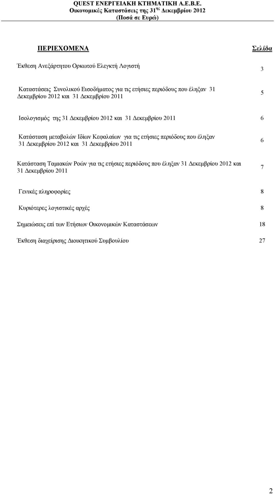 έληξαν 31 Δεκεμβρίου 2012 και 31 Δεκεμβρίου 2011 6 Κατάσταση Ταμιακών Ροών για τις ετήσιες περιόδους που έληξαν 31 Δεκεμβρίου 2012 και 31 Δεκεμβρίου 2011